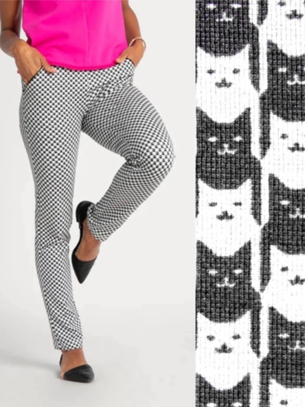 Betabrand Catstooth Edition Pants Size Medium Petite Cat Print Black White